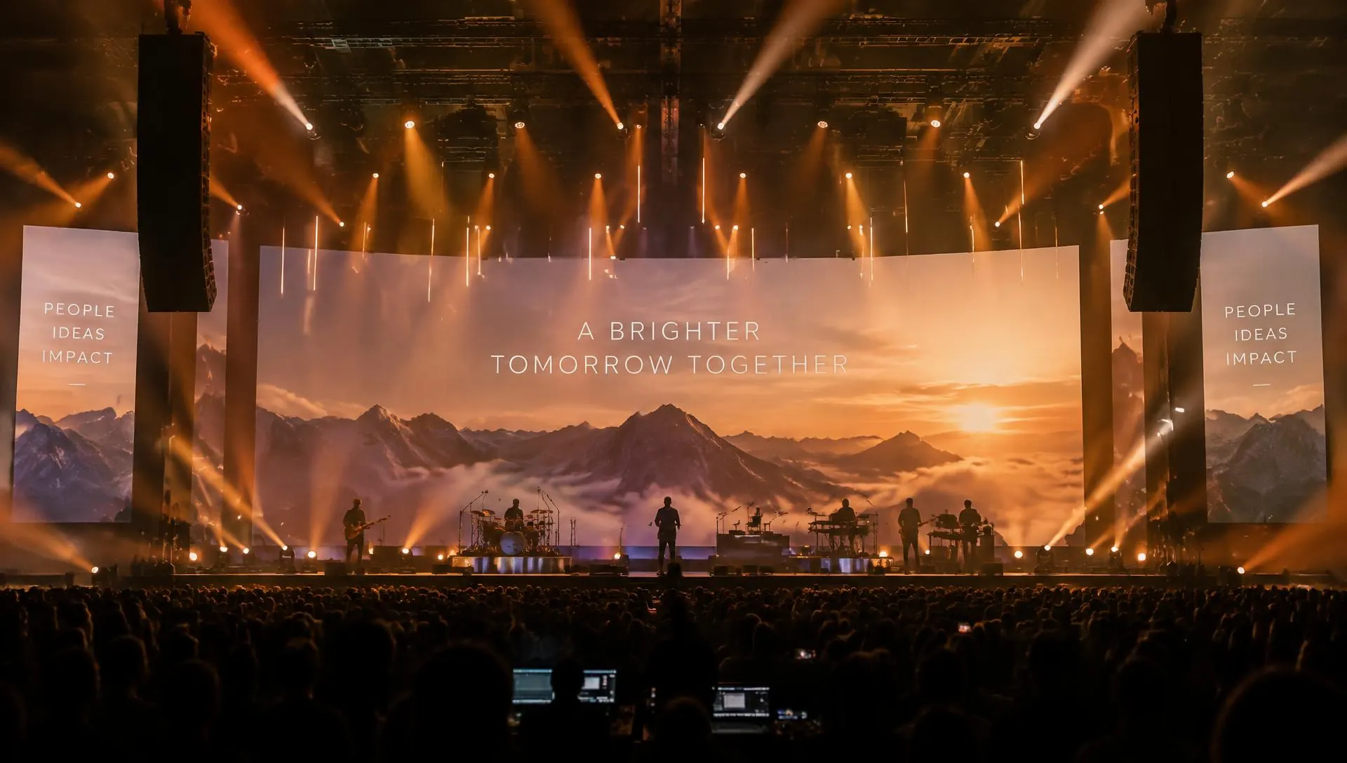 Concert stage with lighting beams and a large LED video wall